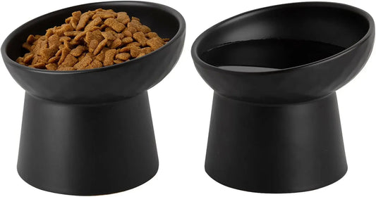 Raised Tilted Ceramic Cat Bowls (Set of 2) — Whisker-Friendly Feeder