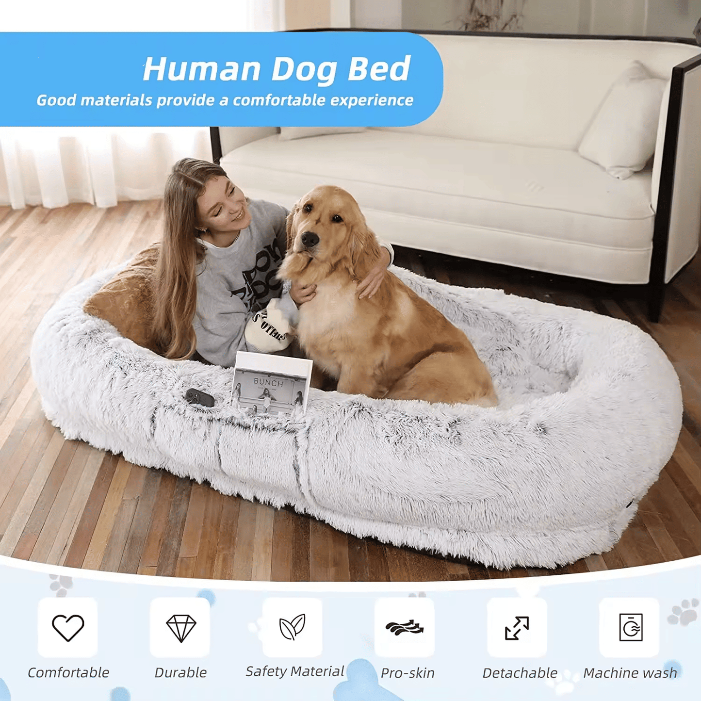 Human Dog Bed, 71''x40''x12'' Size Fits You and Pets, Washable Faux Fur Dog Bed for People Doze Off, Napping Orthopedic Dog Bed (GREY) Xmas Christmas Gift - Apollo's Corner