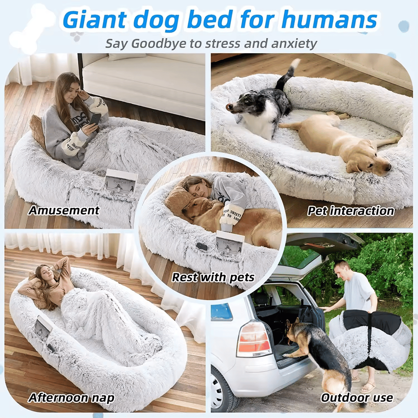 Human Dog Bed, 71''x40''x12'' Size Fits You and Pets, Washable Faux Fur Dog Bed for People Doze Off, Napping Orthopedic Dog Bed (GREY) Xmas Christmas Gift - Apollo's Corner