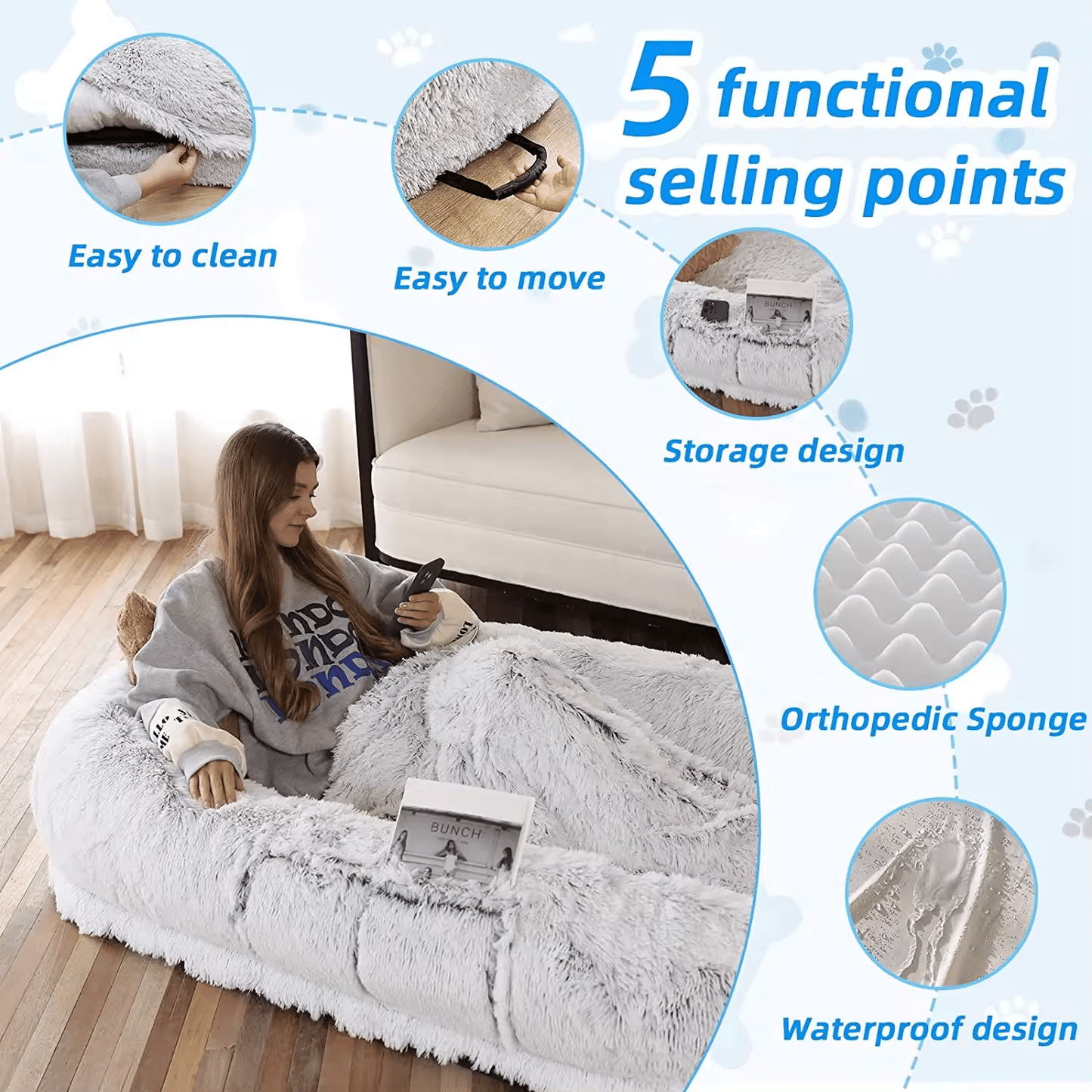 Human Dog Bed, 71''x40''x12'' Size Fits You and Pets, Washable Faux Fur Dog Bed for People Doze Off, Napping Orthopedic Dog Bed (GREY) Xmas Christmas Gift - Apollo's Corner