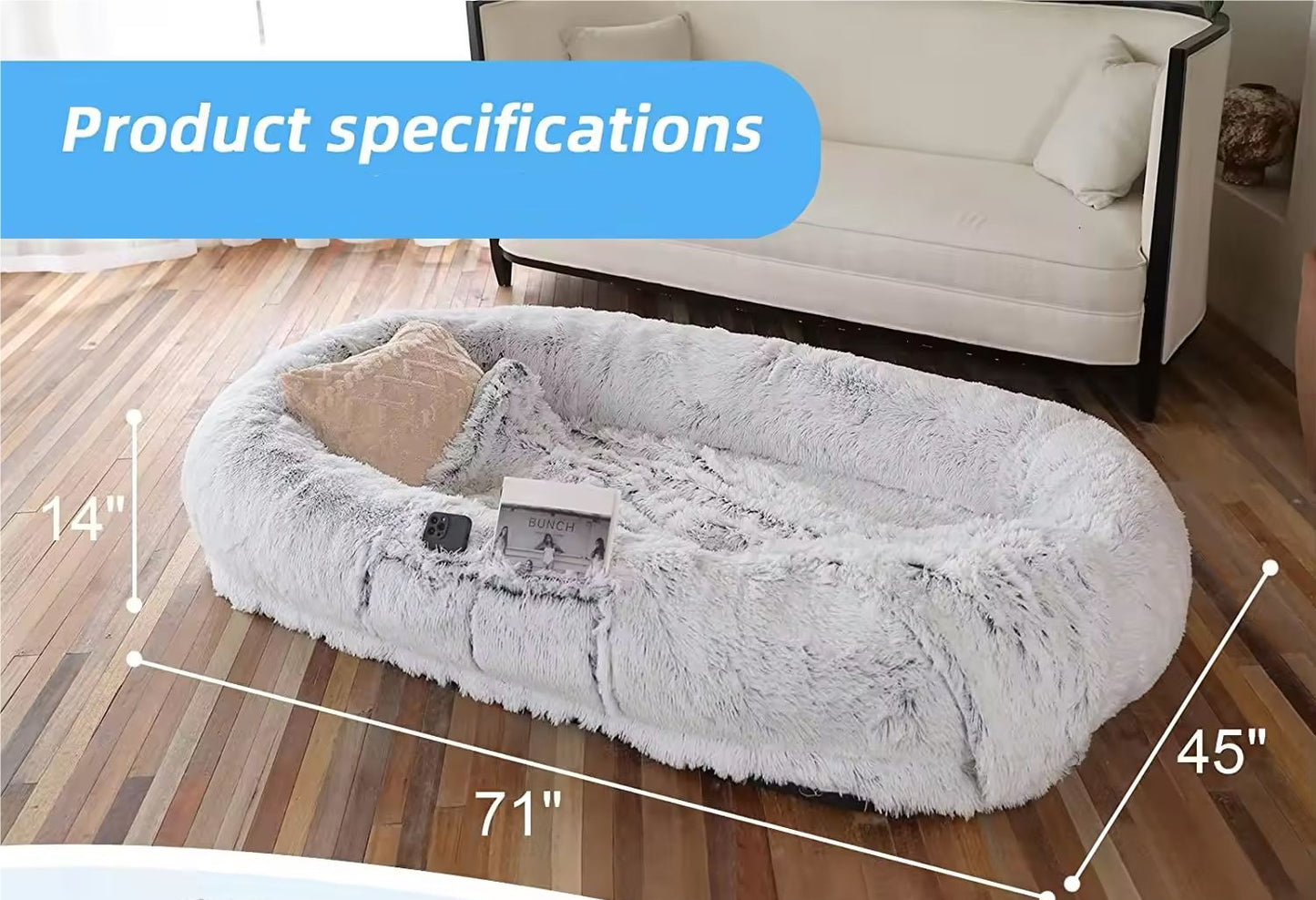 Human Dog Bed, 71''x40''x12'' Size Fits You and Pets, Washable Faux Fur Dog Bed for People Doze Off, Napping Orthopedic Dog Bed (GREY) Xmas Christmas Gift - Apollo's Corner