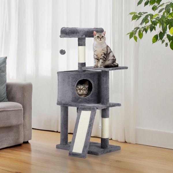 47" Cat Tree Tower for Indoor Cats, House with Bed, Toy Ball, Condo, Scratch Board, and Sisal Posts - Dark Grey - Apollo's Corner