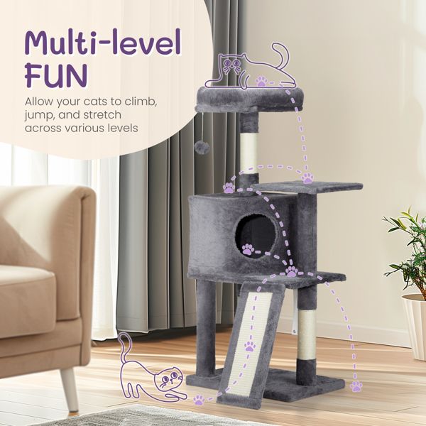 47" Cat Tree Tower for Indoor Cats, House with Bed, Toy Ball, Condo, Scratch Board, and Sisal Posts - Dark Grey - Apollo's Corner