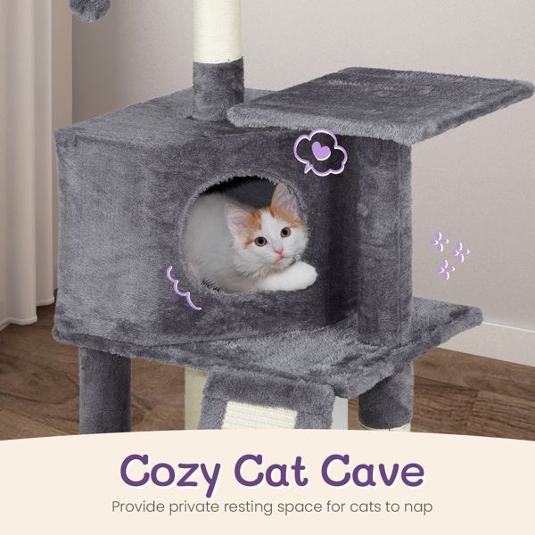 47" Cat Tree Tower for Indoor Cats, House with Bed, Toy Ball, Condo, Scratch Board, and Sisal Posts - Dark Grey - Apollo's Corner