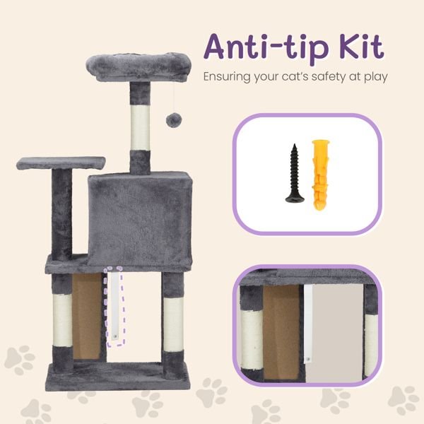 47" Cat Tree Tower for Indoor Cats, House with Bed, Toy Ball, Condo, Scratch Board, and Sisal Posts - Dark Grey - Apollo's Corner