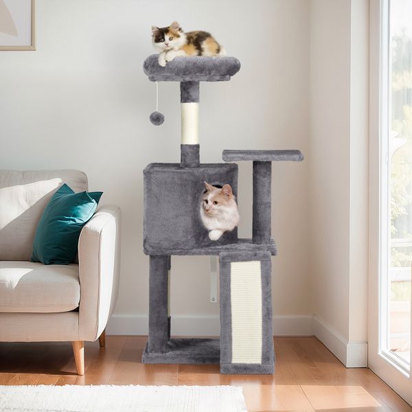 47" Cat Tree Tower for Indoor Cats, House with Bed, Toy Ball, Condo, Scratch Board, and Sisal Posts - Dark Grey - Apollo's Corner
