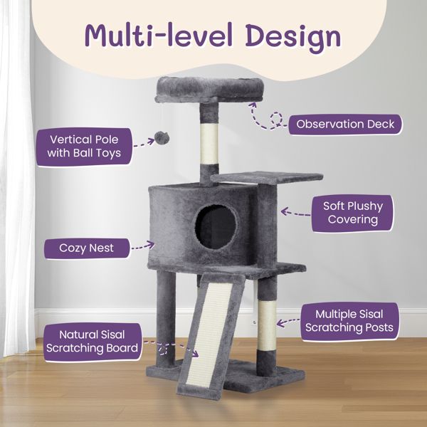 47" Cat Tree Tower for Indoor Cats, House with Bed, Toy Ball, Condo, Scratch Board, and Sisal Posts - Dark Grey - Apollo's Corner