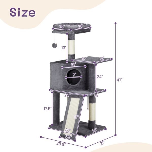 47" Cat Tree Tower for Indoor Cats, House with Bed, Toy Ball, Condo, Scratch Board, and Sisal Posts - Dark Grey - Apollo's Corner