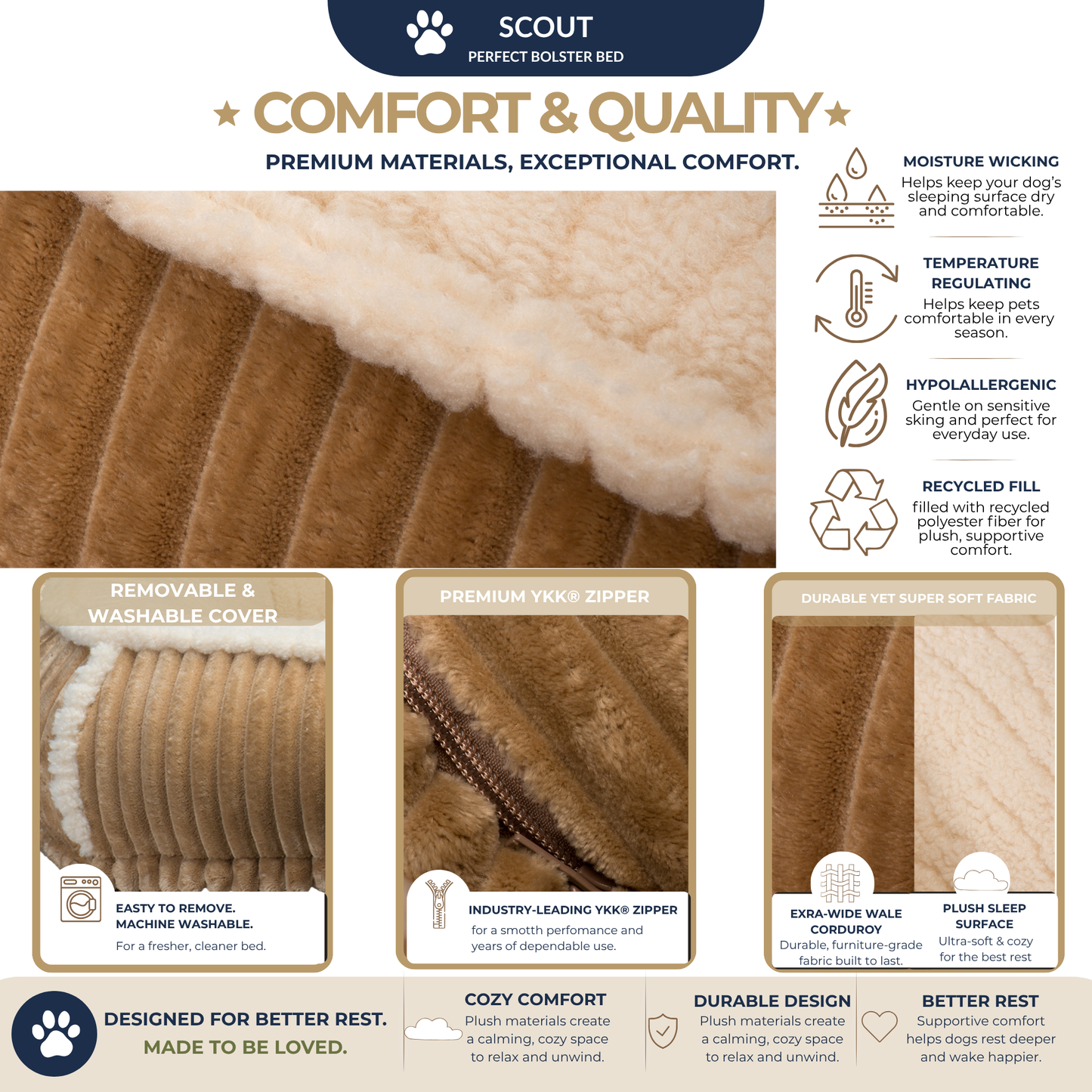 HuggleHounds Scout Bolster Dog Bed — Raised-Edge Support for Anxious & Senior Dogs