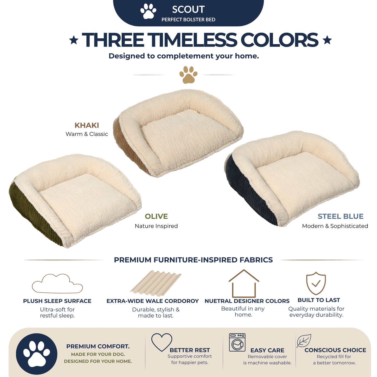 HuggleHounds Scout Bolster Dog Bed — Raised-Edge Support for Anxious & Senior Dogs