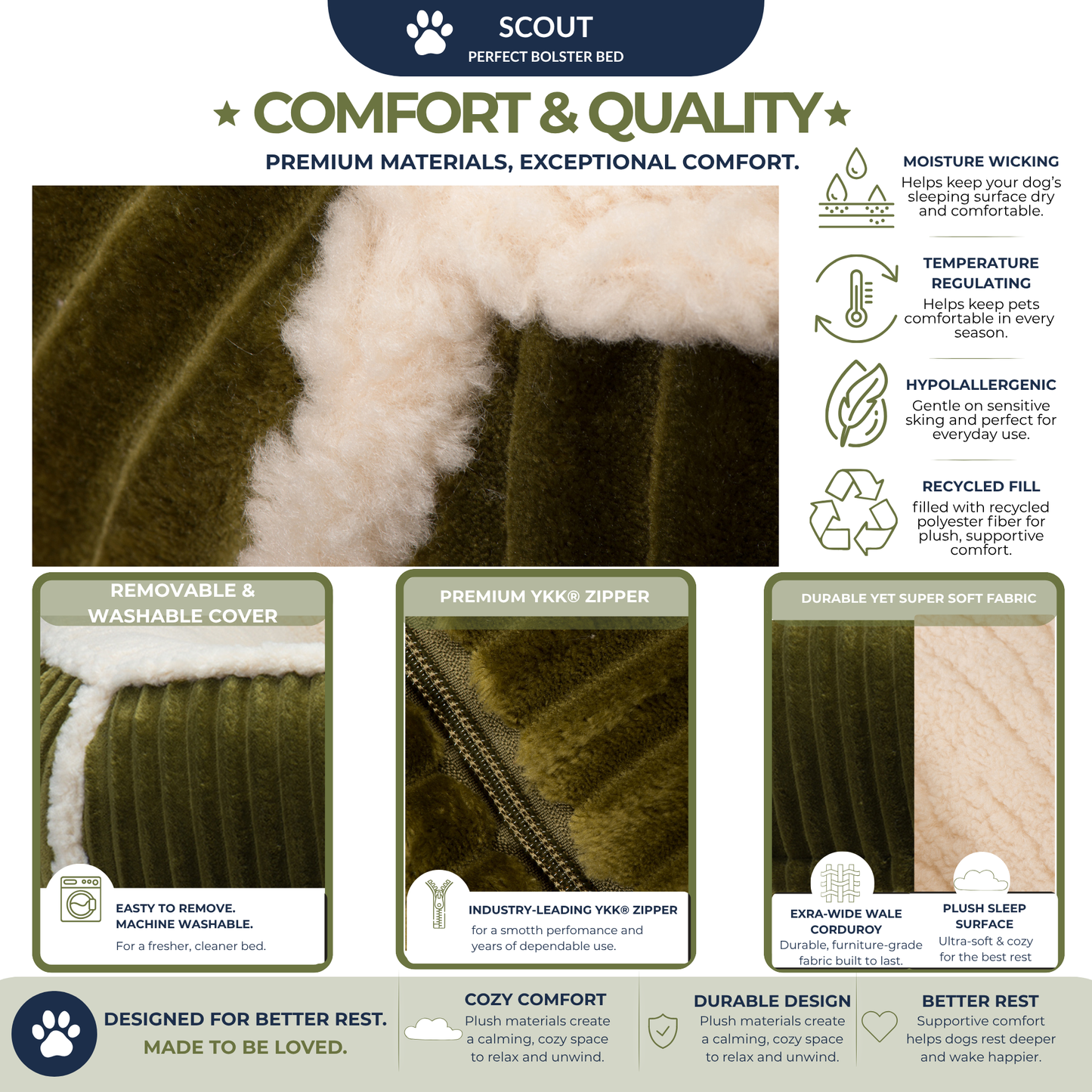 HuggleHounds Scout Bolster Dog Bed — Raised-Edge Support for Anxious & Senior Dogs