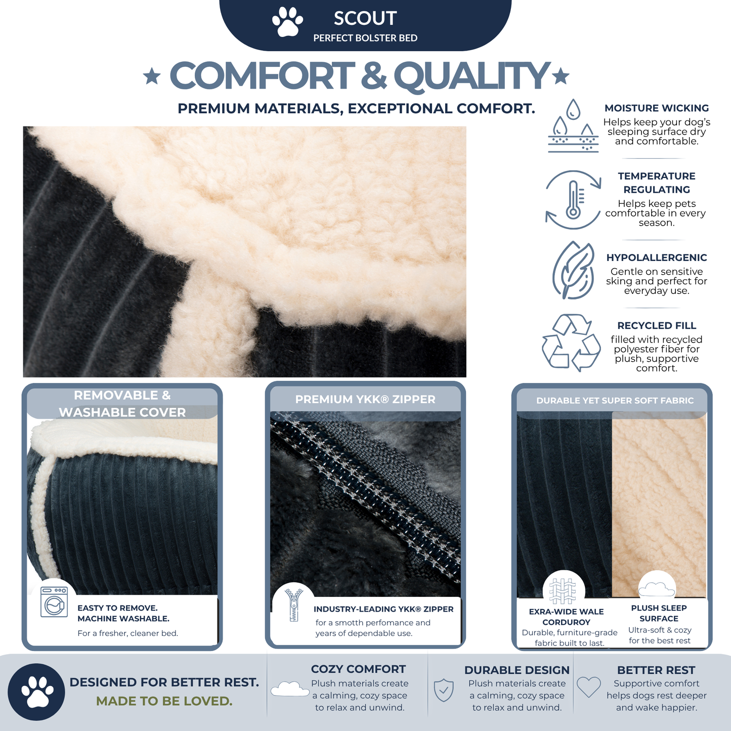 HuggleHounds Scout Bolster Dog Bed — Raised-Edge Support for Anxious & Senior Dogs