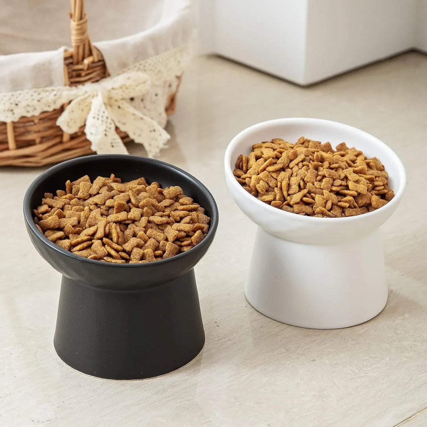 Raised Tilted Ceramic Cat Bowls (Set of 2) — Whisker-Friendly Feeder