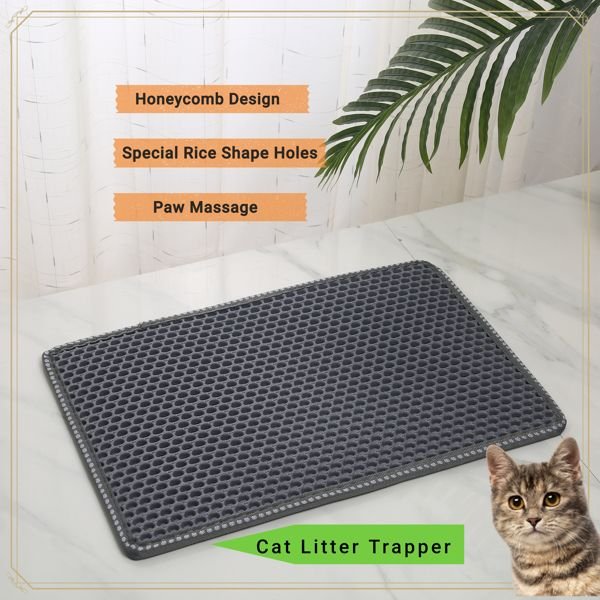 Cat Litter Mat, Kitty Litter Trapping Mat, Double Layer Mats with MiLi Shape Scratching design, Urine Waterproof, Easy Clean, Scatter Control 21" x 14" Grey - Apollo's Corner