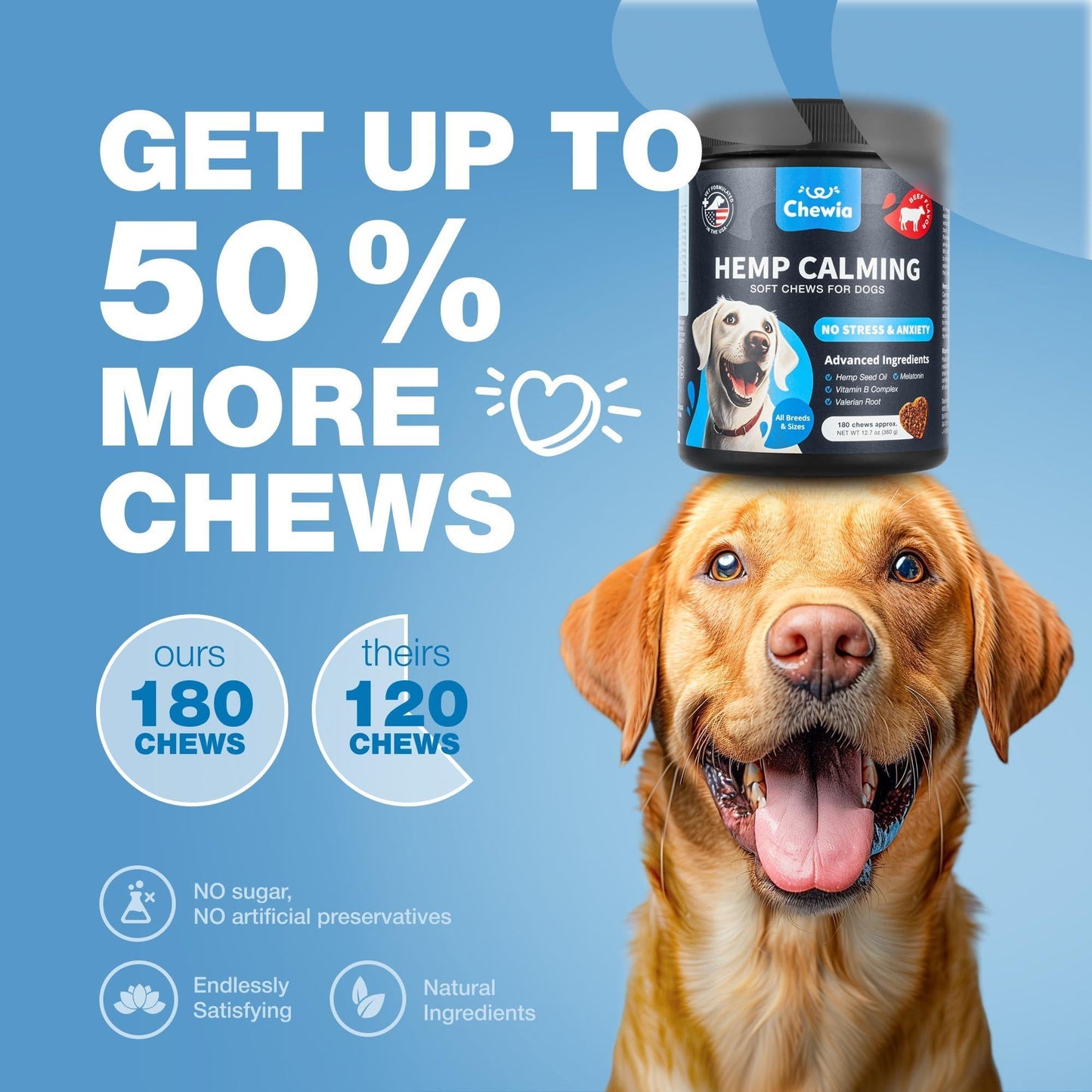 Hemp Calming Chews — L-Theanine, Chamomile & Valerian for Anxious Dogs
