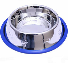 Etched Stainless Steel Dog Bowls with Blue Silicone Base - Apollo's Corner