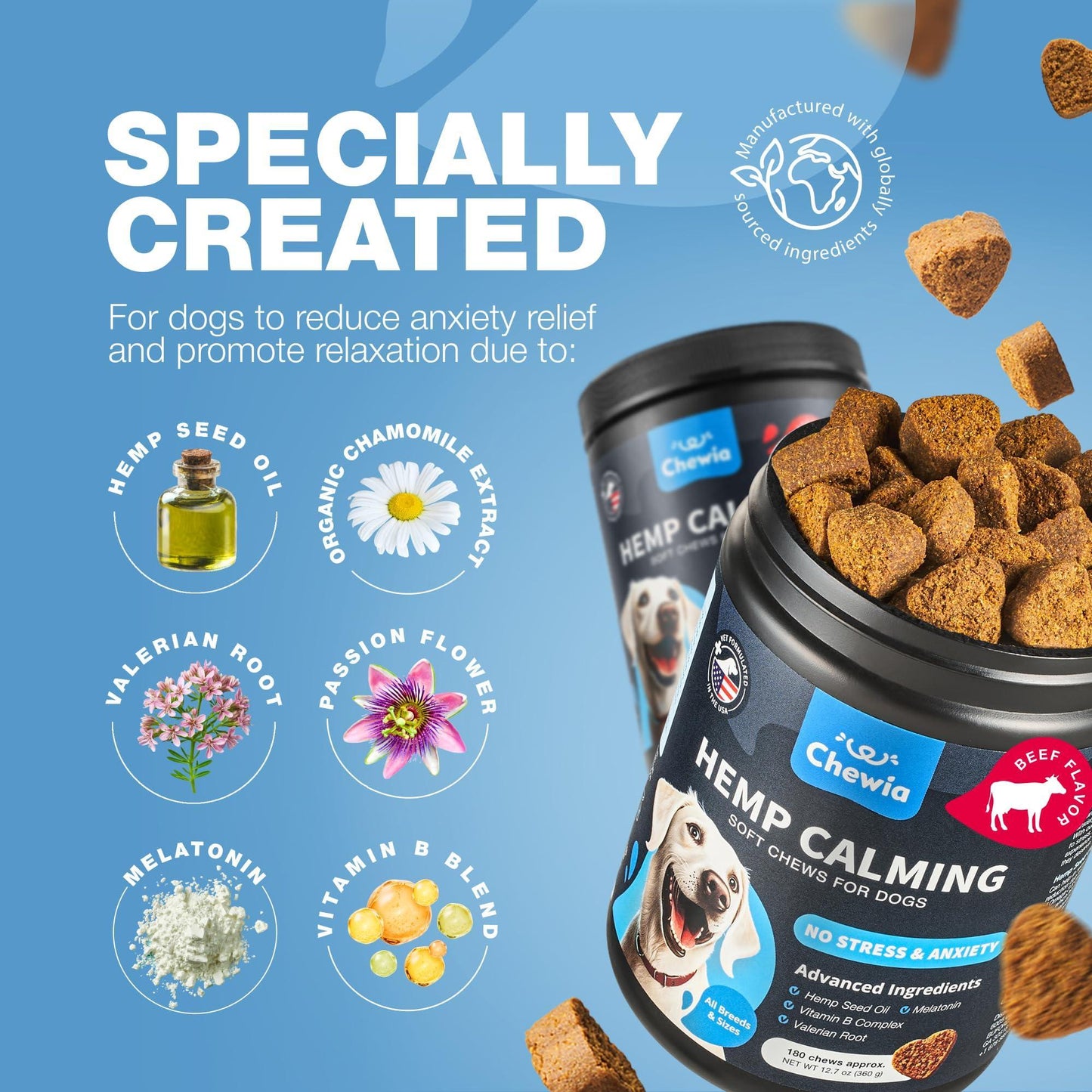 Hemp Calming Chews — L-Theanine, Chamomile & Valerian for Anxious Dogs