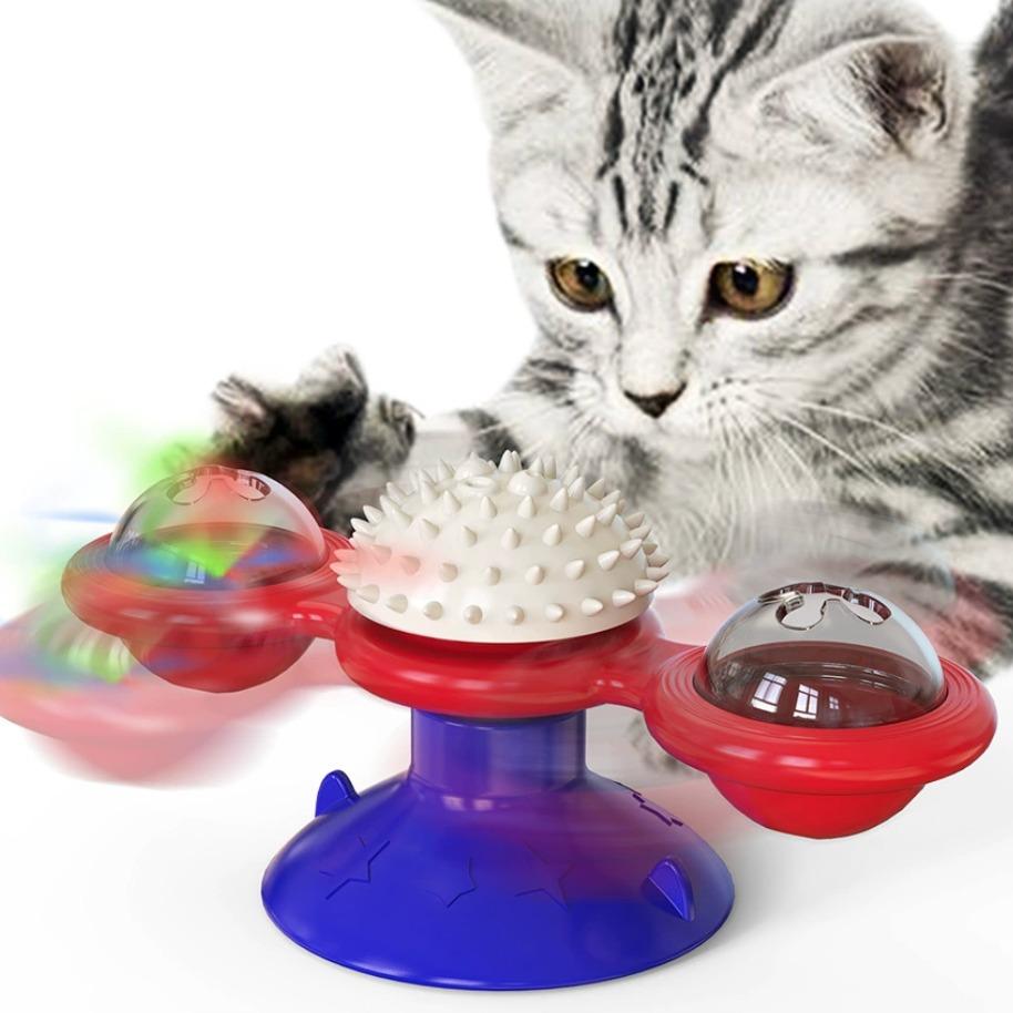 Meow Motion Spinner - Blue windmill cat toy with LED light ball and catnip cage
