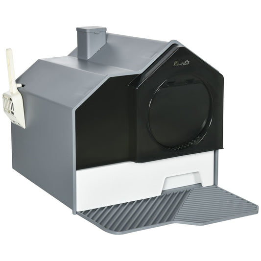 Gray Sanctuary Hooded Cat Litter Box with Particle-Catching Drawer and Scoop Included