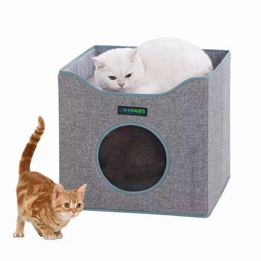 JESPET Foldable Cat Condo, Cat Cube House & Sleepping Bed with Lying Surface and 2 Reversible Cushions, Cat Hiding Place, Cat Cave, Linenette Fabric, Felt and Engineered Wood, Scratch Resista - Apollo's Corner