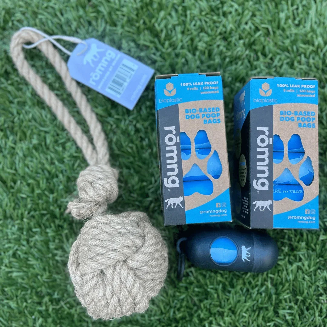 rōmng bio-based poop bag bundle with bamboo dispenser and hemp rope tug toy