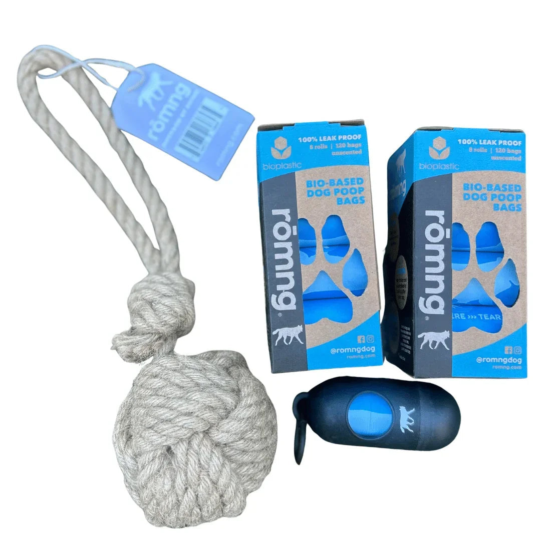 rōmng bio-based poop bag bundle with bamboo dispenser and hemp rope tug toy