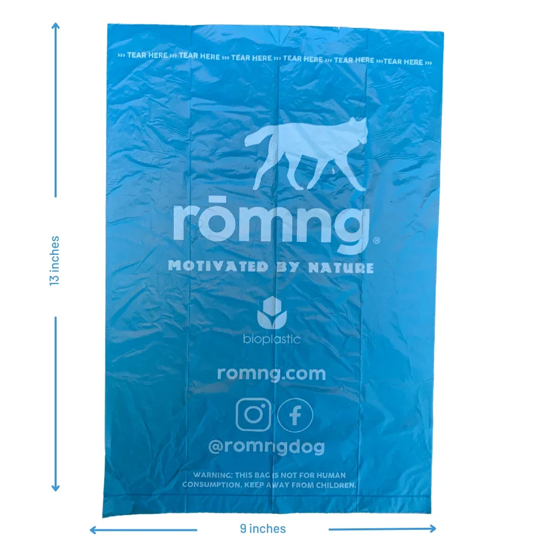 rōmng bio-based poop bag bundle with bamboo dispenser and hemp rope tug toy
